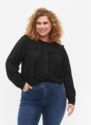 Zizzi Chemise blouse avec volants et plis, Black, Model image number 0