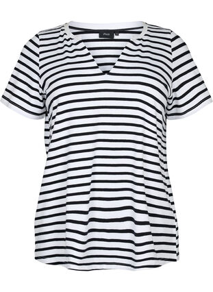 Zizzi T-shirt en coton à rayures et encolure en V, B. White/Bl. Stripes, Packshot image number 0