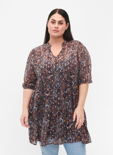 Zizzi Tunique à imprimé paisley et lurex, Blue Paisley AOP, Model image number 0