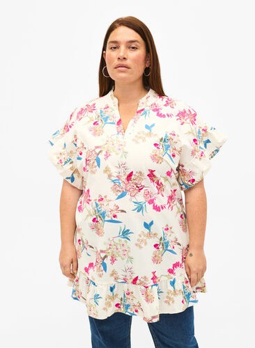 Zizzi Tunique motif floral en coton, Eggnog Flower AOP, Model image number 0