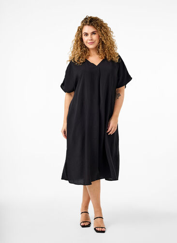 Zizzi Robe à col en V en viscose, Black, Model image number 0