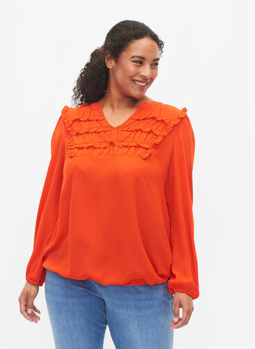 Zizzi Blouse à manches longues avec des détails froncés., Orange.com, Model image number 0