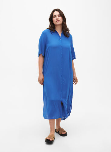 Zizzi Robe chemise à manches courtes en viscose, Victoria blue, Model image number 0