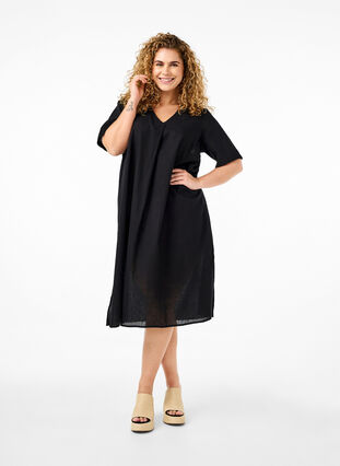 Zizzi Robe caftan en mélange de coton avec du lin, Black, Model image number 0