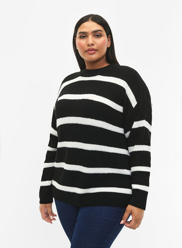 Zizzi FLASH - Pull en tricot rayé, Black/White Stripe, Model image number 0