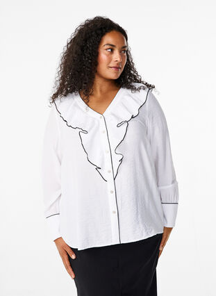 Zizzi Chemisier en viscose à manches longues et à jabot, Bright White, Model image number 0