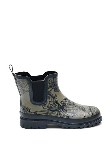 Zizzi Bottes en caoutchouc à largeur courte avec imprimé, Dusty Olive Flower, Packshot image number 0