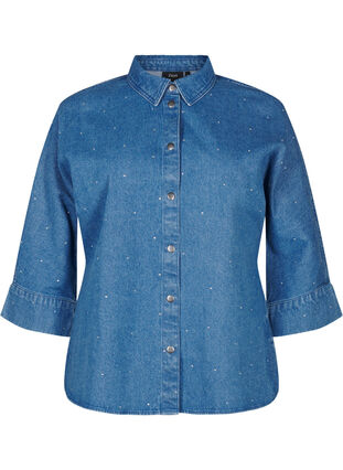 Zizzi Chemise en denim avec strass et manches 3/4, Bl. Denim Rhinestone, Packshot image number 0