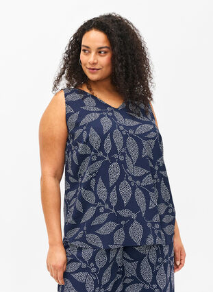 Zizzi Top floral avec col en V, Navy B. w. Dot Leaf, Model image number 0