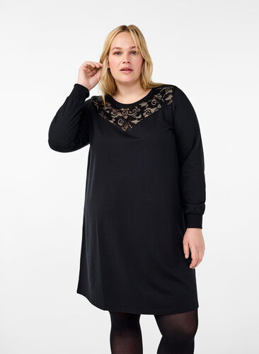 Zizzi Robe courte avec détails en dentelle, Black, Model image number 0