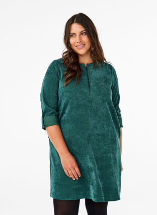 Zizzi Robe en velours avec détail de fermeture éclair, Posy Green, Model image number 0