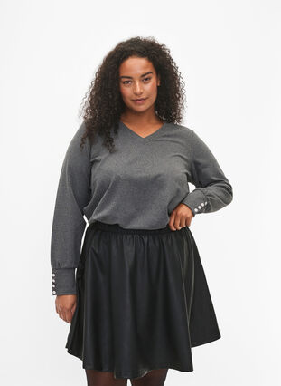 Zizzi Blouse à manches longues avec large revers et boutons, Dark Grey Melange, Model image number 0