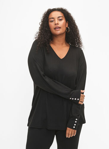 Zizzi Blouse à manches longues avec large revers et boutons, Black, Model image number 0