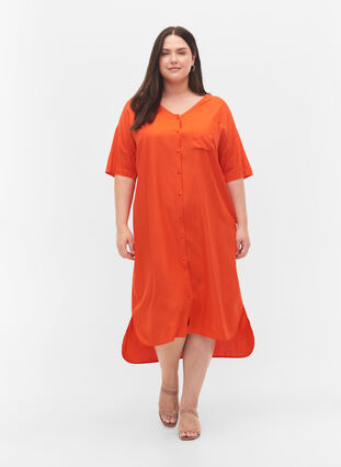 Zizzi Robe chemise à manches courtes en viscose, Mandarin Red, Model image number 2