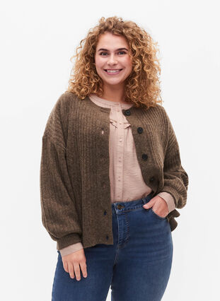 Zizzi Cardigan tricoté côtelé avec boutons, Brown Mel., Model image number 0