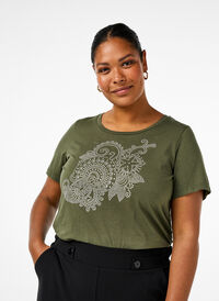 T-shirt en coton avec motif strass, Thyme w. Rhinestones, Model