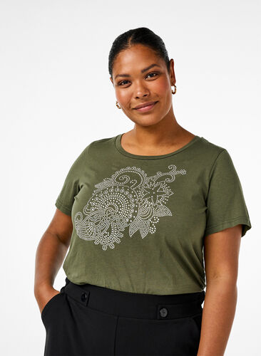 Zizzi T-shirt en coton avec motif strass, Thyme w. Rhinestones, Model image number 0