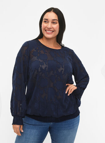 Zizzi Blouse en jacquard avec smockage, Navy Blazer, Model image number 0