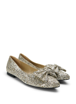 Zizzi Ballerines larges à paillettes avec nœud, Gold Glitter, Packshot image number 1