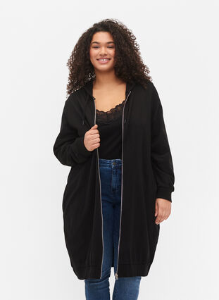 Zizzi Cardigan à capuche en coton molletonné, Black, Model image number 0