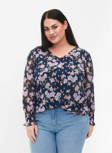 Zizzi Blouse à fleurs à manches longues et col en V, Blue Small Fl. AOP, Model image number 0