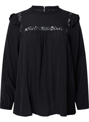 Zizzi Blouse en viscose avec froufrous et dentelle, Black, Packshot image number 0