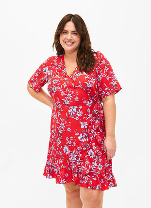 Zizzi FLASH - Robe portefeuille à manches courtes, Poinsettia Flower, Model image number 0