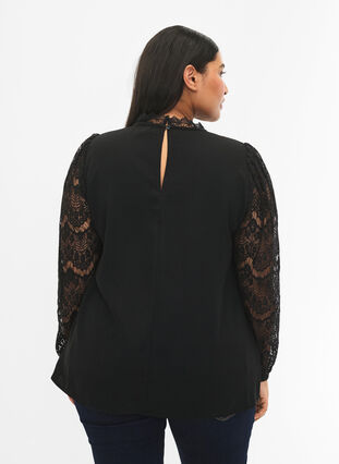 Zizzi Blouse manches longues avec dentelle, Black, Model image number 1