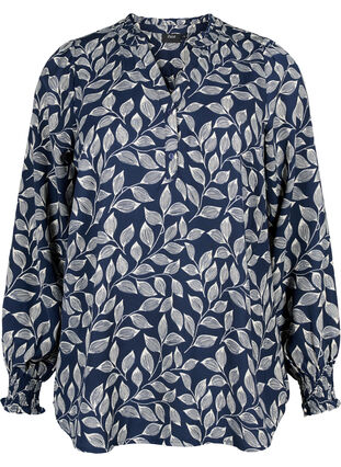 Zizzi Blouse avec smocks et décolleté en V, Navy Leaf, Packshot image number 0