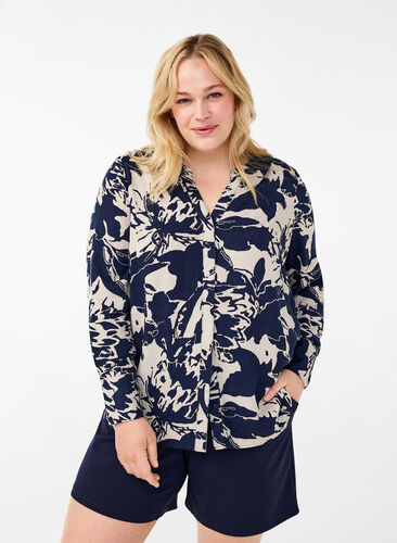 Zizzi Chemise à manches longues avec imprimé et col en V, Navy Blazer AOP, Model image number 0