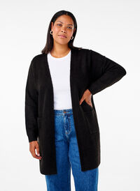 Long cardigan tricoté avec poches, Black, Model