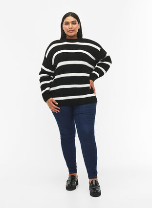 Zizzi FLASH - Pull en tricot rayé, Black/White Stripe, Model image number 2