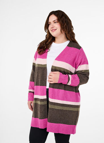 Zizzi Cardigan long en tricot avec rayures larges, Fuchsia Red Mel.Comb, Model image number 0