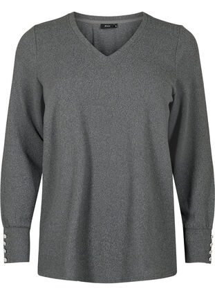 Zizzi Blouse à manches longues avec large revers et boutons, Dark Grey Melange, Packshot image number 0