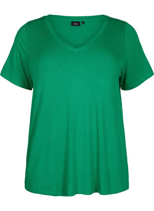 Zizzi T-shirt en viscose côtelée avec col en V, Jolly Green, Packshot image number 0