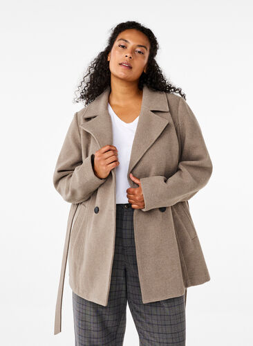 Zizzi Veste courte en laine avec ceinture, Desert Taupe Mel., Model image number 0