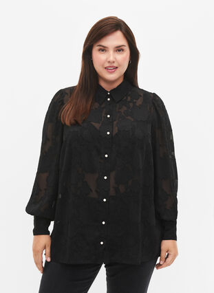 Zizzi Chemise look jacquard avec boutons en nacre, Black, Model image number 0