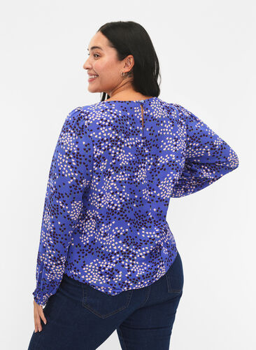 Zizzi FLASH - Blouse à manches longues avec imprimé et smock, Dazzling Blue AOP, Model image number 1