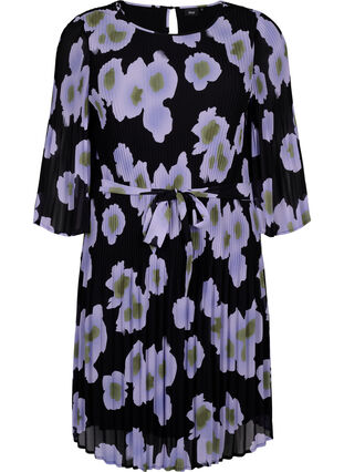 Zizzi Robe plissée imprimée avec lien à nouer, Black w. Floral, Packshot image number 0