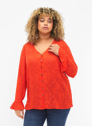 Zizzi Chemise à manches longues avec look jacquard, Orange.com, Model image number 0