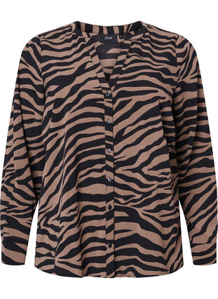 Zizzi Chemise à col en V avec imprimé zèbre, Black/Brown Zebra, Packshot image number 0