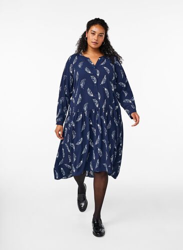 Zizzi Robes midi à manches longues, Navy B. Feather AOP, Model image number 0