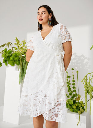 Zizzi Robe cache-cœur avec dentelle et manches courtes, Bright White, Image image number 0