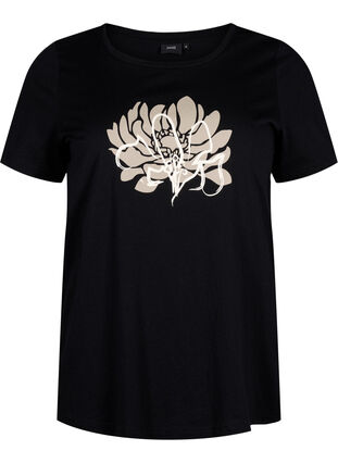 Zizzi T-shirt à motif, Black w. Flower, Packshot image number 0