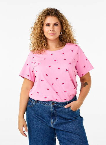 Zizzi T-shirt en coton bio avec citrons, Rose Bl. Lips Emb. , Model image number 0