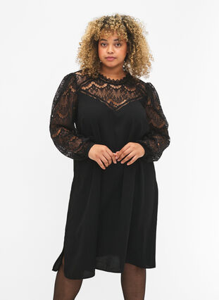 Zizzi Robe à manches longues avec dentelle, Black, Model image number 0