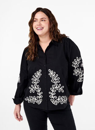 Zizzi Chemise ample en coton avec broderie, Black, Model image number 0