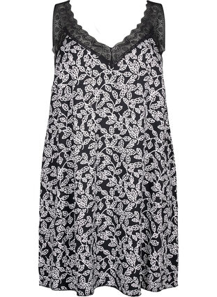 Zizzi Robe à bretelles en viscose ornée de dentelle, Black w. Wh.Leaf AOP, Packshot image number 0