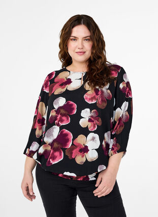 Zizzi Chemisier en viscose avec imprimé et tablier, Black Pink FlowerAOP, Model image number 0