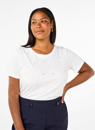 Zizzi T-shirt en coton avec strass, Bright White, Model image number 0